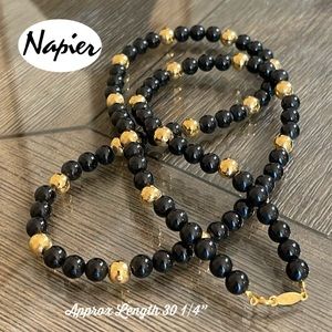 Vintage Napier Acrylic & Gold-Tone Metal Bead Necklace, Black Beaded Necklace